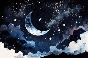 Wall Mural - sky with stars and moon, watercolor with generative ai