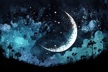 Wall Mural - sky with stars and moon, watercolor with generative ai