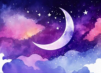 Wall Mural - sky with stars and moon, watercolor with generative ai