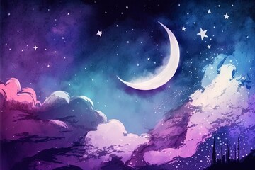Wall Mural - sky with stars and moon, watercolor with generative ai