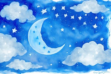 Wall Mural - sky with stars and moon, watercolor with generative ai