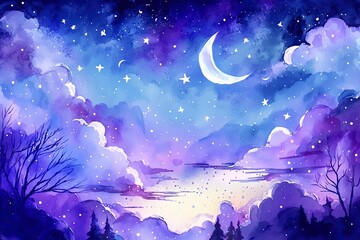 Wall Mural - sky with stars and moon, watercolor with generative ai