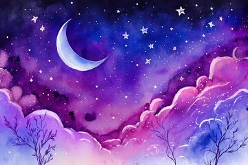 sky with stars and moon, watercolor with generative ai
