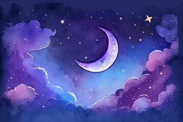Wall Mural - sky with stars and moon, watercolor with generative ai