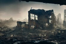 Empty Post Apocalyptic City Landscape. Digital Painting Of Building In Ruins, Destroyed. Futuristic Slum. Broken, Deserted Cityscape. Post-war Scenery, Abandoned House. Digital. Generative AI