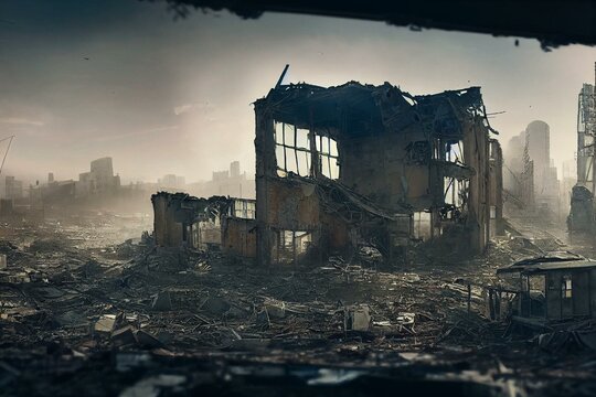 empty post apocalyptic city landscape. digital painting of building in ruins, destroyed. futuristic 