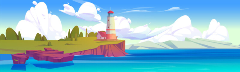 Wall Mural - Lighthouse on sea coast. Summer landscape of ocean beach with beacon and building on cliff. Vector cartoon illustration of seascape with nautical navigation tower. Ocean shore with light house