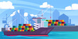 Freight ship in port. Cartoon marine dock with barge loading containers, international seaport terminals and shipyard with vessels. Vector flat illustration. Importing goods, global commerce