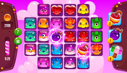 Canvas Print - Match three game interface with icons of jelly candies. Mobile app background with cute slime characters in slots, time bar, bonus items and coins, vector cartoon illustration