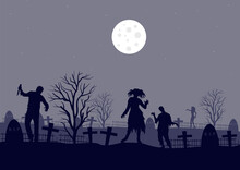 Zombies Walking In The Graveyard At Night, Vector Illustration.