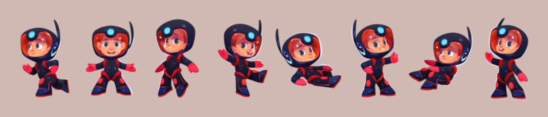 Wall Mural - cartoon vector illustration set of kid astronaut in space. isolated little spaceman in black suit an