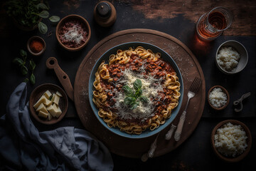 Wall Mural - Delicious pasta with meat. Generative AI