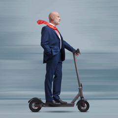 Poster - Fast businessman riding an electric scooter