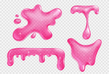 Pink Slime, Jelly Stain, Liquid Dripping Sauce Or Glue Realistic Vector Isolated Illustration On Transparent Background. Blot Of Juice Or Slimy Poison Splash