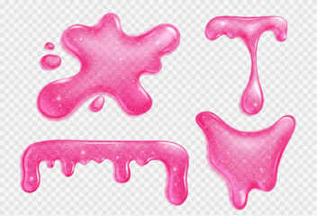 Wall Mural - pink slime, jelly stain, liquid dripping sauce or glue realistic vector isolated illustration on tra