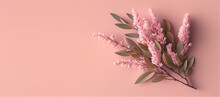 Flowers Creative Composition. One Small Bouquet Of Willow Flowers In Pink And Dry Grass On Nude Background. Mock Up. View, Copy Space. Top. Flat Lay	
