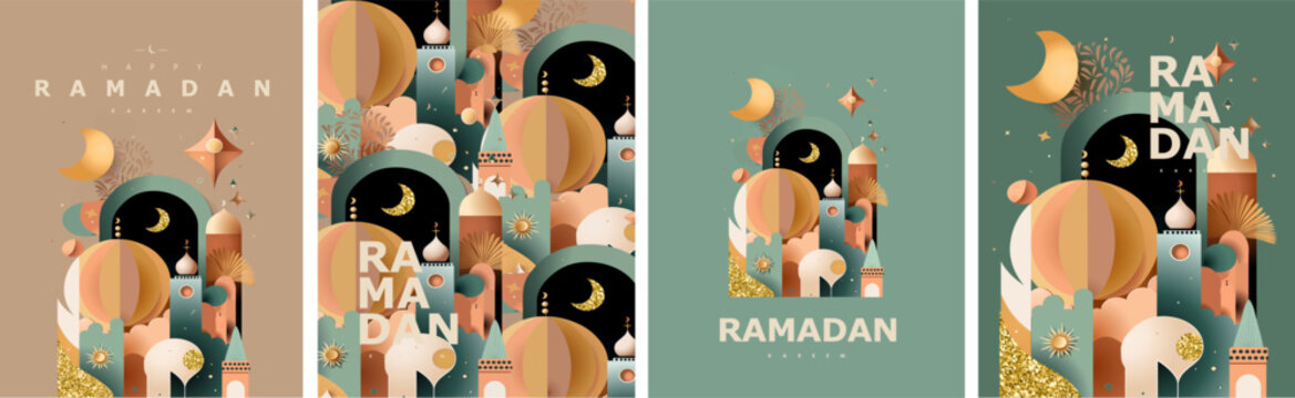 happy ramadan kareem! vector illustration of abstract paper cut mosque, crescent, pattern, window an