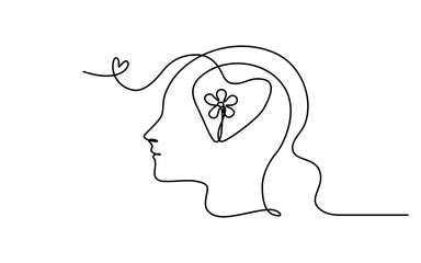 continuous line art of a person with a flower inside human head and heart symbol, lineart vector ill
