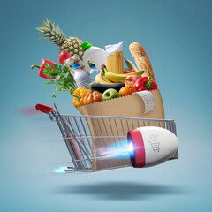 Wall Mural - Fast flying shopping cart delivering groceries