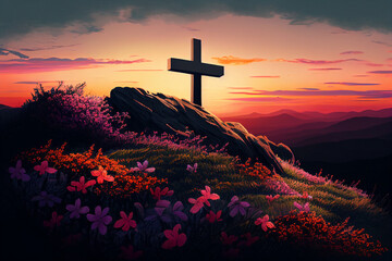 Christian cross on hilltop with spring flowers and sunset created with Generative AI