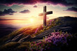 Religious cross on hilltop with spring flowers and sunrise. Christian art