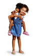 © peopleimages.com - A mixed race girl piggybacking her sister, sibling or friend. A Happy and carefree kids playing together and bonding isolated on a png background.