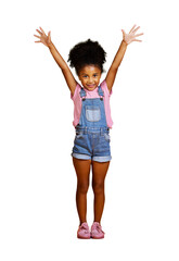 a cute hispanic excited mixed race girl showing surprise with her hands raised with joy isolated on 
