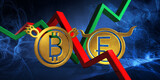 Fototapeta Góry - bullish chf to bearish btc currency. foreign exchange market 3d illustration of swiss franc to digital bitcoin. money represented  as golden coins