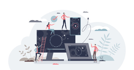 Software data update with system refresh to new version tiny person concept, transparent background. Backup and installation file download for operating app development or change illustration.