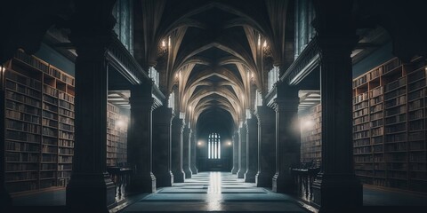 Beautiful Fantasy Gothic library. Digital illustration. Concept art. Fantasy scenery. Generative AI