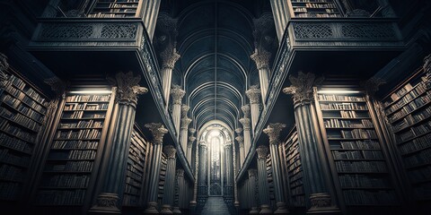 Beautiful Fantasy Gothic library. Digital illustration. Concept art. Fantasy scenery. Generative AI