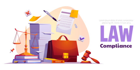 Wall Mural - Law compliance, company policies and rules. Legal regulatory guidelines banner with paper documents stacks, books, balance and judicial hammer, vector cartoon illustration