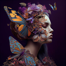 Fictional Character, Photocollage Style Close Up Portrait Of A Woman Surrounded In Butterflies And Flowers, Ai Generated
