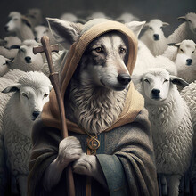 Wolf Preacher Leads A Flock Of Sheep. Social Problems. Society And Religion, Power And People. AI Generation
