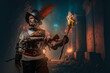 © Fxquadro - Portrait of ancient conquistador holding burning torch in dark dungeon.