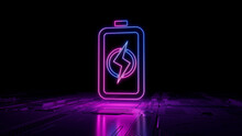 Pink and Blue neon light battery icon. Vibrant colored Energy technology symbol, on a black background with high tech floor. 3D Render