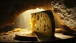 French Emmental Cheese Slice Close-Up in Cellar Atmosphere, ai generative