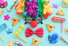 Purim Celebration Concept (jewish Carnival Holiday) Over Blue Background. Top View, Flat Lay