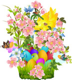 Fototapeta  - easter composition with easter eggs and spring flowers