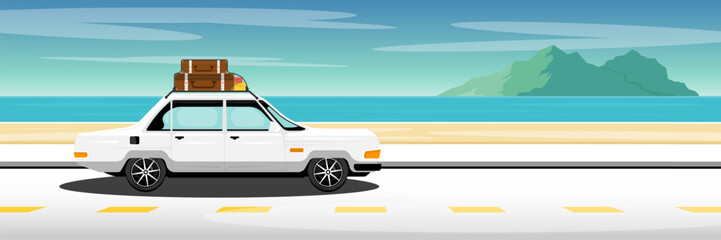 Wall Mural - Cartoon beach scene, Personal car with travel luggage on beach road, Digital marketing illustration.