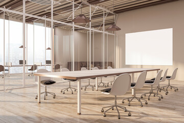 Perspective view on blank white poster with place for your logo or text on beige wall in sunlit spacious meeting room with city view background and wooden floor. 3D rendering, mock up