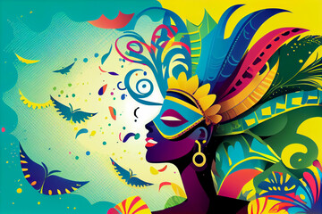 Canvas Print - Brazil Carnival Latin Woman Wear Bright Costume Traditional Rio Party Flat Bright Illustration with Place for Text. Banner, Flyer or Poster Template. Generative Ai.