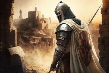 Knights are a warrior in armor and helmets.Ancient Jerusalemn in the background created by generative AI