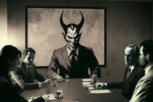 A Meeting In The Office Of The Boss Who Is Lucifer, The Prince Of Darkness, Lord Of The Underworld, Satan Himself. Giving Orders To His Worker Slaves, Evil Businessman And As A Monster Corperation