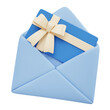 © perpixdsgn - open light blue envelope with inviation, greeting, gift card with ribbon and bow isolated. sale and online shopping concept. 3d illustration PNG file