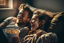 A Cute Handsome Couple Watching Netflix, A Film Or TV On Their Couch/sofa, Slaughing And Enjoying Themselves, Portrait, Painting Style, Eating Popcorn And Being Close And Romantic In A Sweet Evening