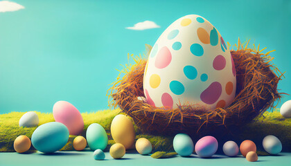 Wall Mural -  Easter banner with beautifully painted eggs blue background. Concept of Easter egg hunt or surprise gifts.Generative AI