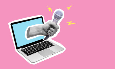 Collage art, a hand with a microphone protruding from a laptop against a pink background.