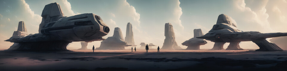 Wall Mural - Panoramic view of a planet featuring alien structures, sci-fi landscape.. Generative AI