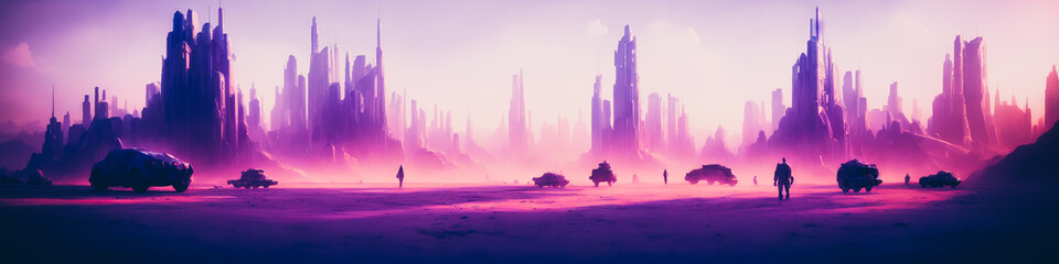 Wall Mural - Panoramic view of a planet featuring alien structures, sci-fi landscape.. Generative AI